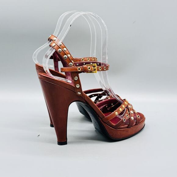 Prada Sandals Womens 6 Brown Leather Studded Strappy Buckle Platform High Heel - Picture 9 of 12
